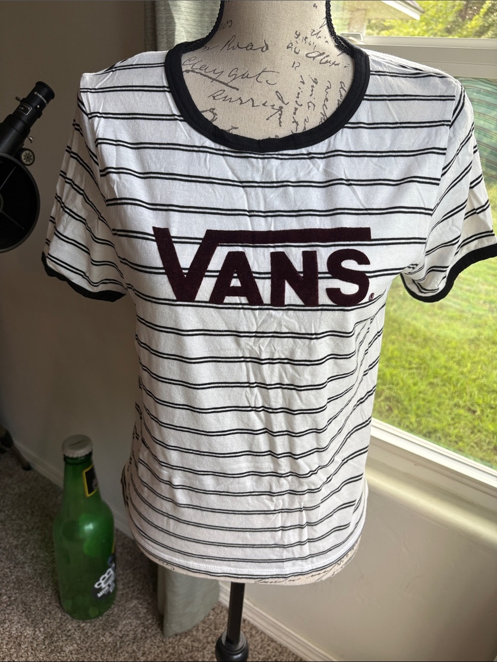 Vans White Striped velvet Logo Ringer Tee with Black Trim